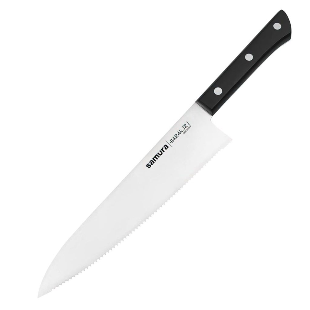Samura HARAKIRI 8.2" Serrated Chef Knife - Premium Japanese Steel, Black Handle, Precision Cutting Tool for Culinary Professionals and Home Chefs