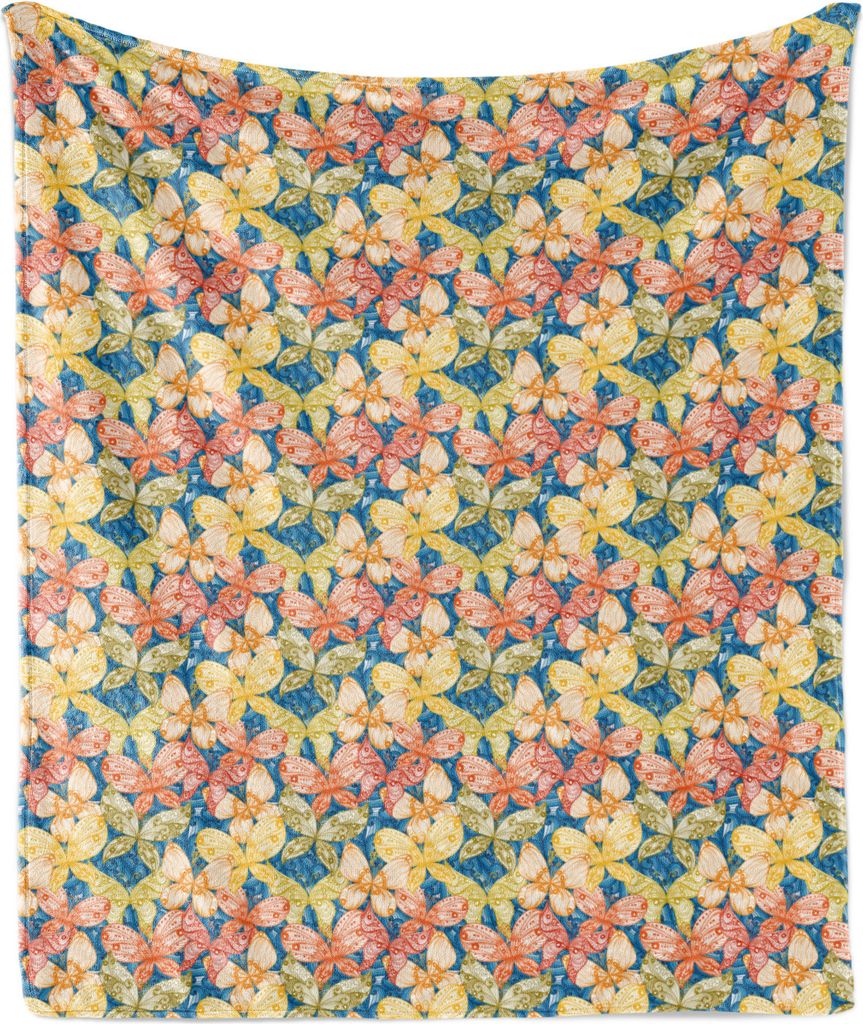 ABAKUHAUS Herbstlaub Weich Flanell Fleece Decke, Floral Hand gezeichnet Hintergrund mit Schmetterlingen und Blau wirbelt Vintage-Kurven, 175 x 230 ...