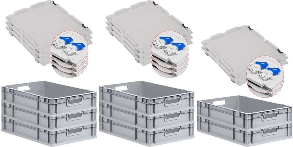 SuperSparSet 8x Eurobox NextGen Economy mit Scharnierdeckel und blauen Schiebeschnappverschlüssen | Griffe offen | HxBxT 12x40x60cm | 23 Liter | E...