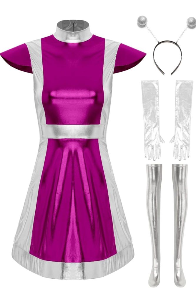 Galaktisches Damen Space Girl Kostüm – Gr. S - Metallic Kleid für Partys, Halloween, Karneval & Fasching - Dehnbar & Glänzend inkl. Alien-Haar...
