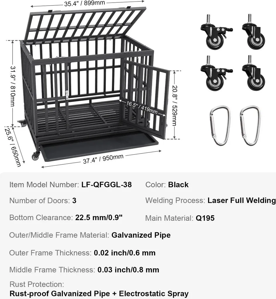 Cage Chien 3 Portes avec Roues 95x65cm - Caisse Métal Robuste Amovible