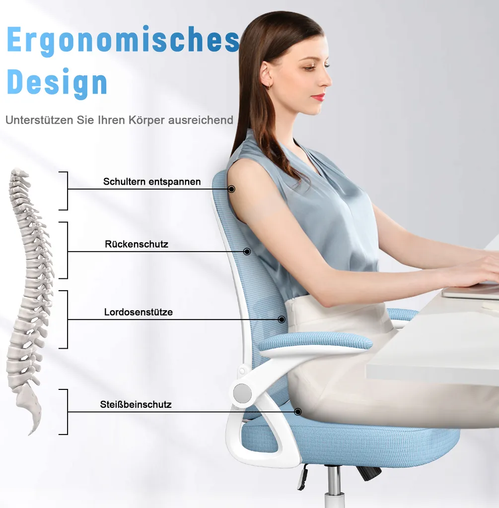 Fauteuil de bureau pour télétravail, chaise ergonomique bleue gain de place - 2