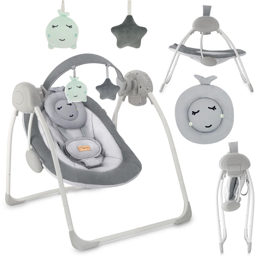 MoMi LISS – Elektrische Babywippe klappbar mit Timer, 5 Geschwindigkeiten, 6 Melodien & verstellbarem Spielbogen - Grau
