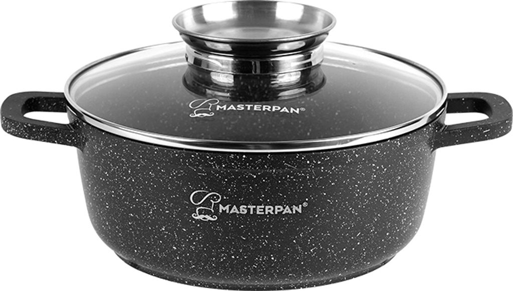 A black pot with a speckled pattern and a glass lid with a silver handle, placed on a white background.