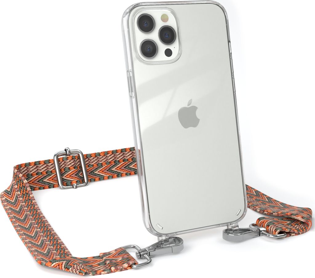 EAZY CASE Handykette - Verstellbarer Trageriemen kompatibel mit Apple iPhone 12 Pro Max, Handykordel mit transparenter Silikon-Hülle, Band in Orange