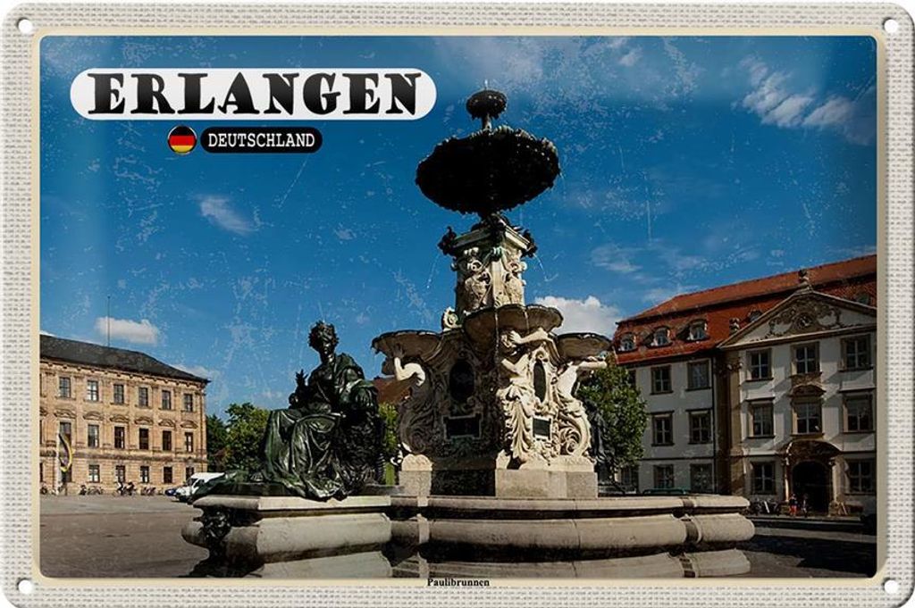 Blechschild Städte Erlangen Paulibrunnen Architektur 30x20cm