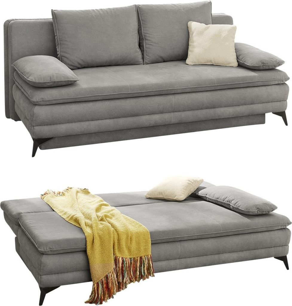 Dauer-Schlafsofa 202 cm Couch Topper Bettkasten Wellenunterfederung in Hellgrau / 15157