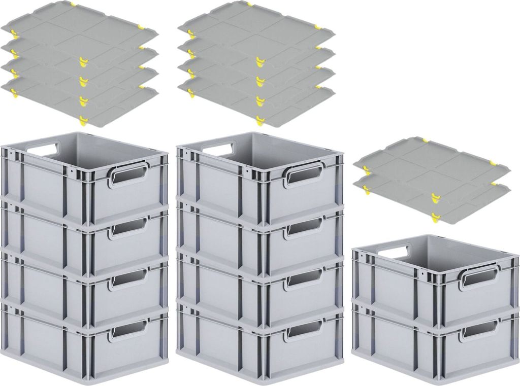 SparSet 10x Eurobox NextGen Economy mit Auflagedeckel und 4x Schiebeschnappverschlüsse Gelb | Griffe offen | HxBxT 17x30x40cm | 16 Liter | Eurobeh...