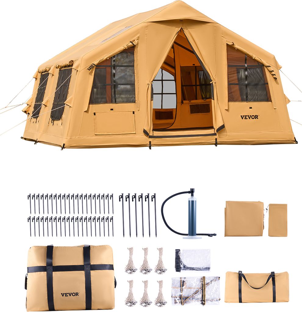 VEVOR Aufblasbares Zelt für Camping 8-12 Personen mit Handpumpe, 4,8x3,6x2,2 m Glamping-Zelt mit 2 Oberlichtern, Baldachin, Ofenanschlus