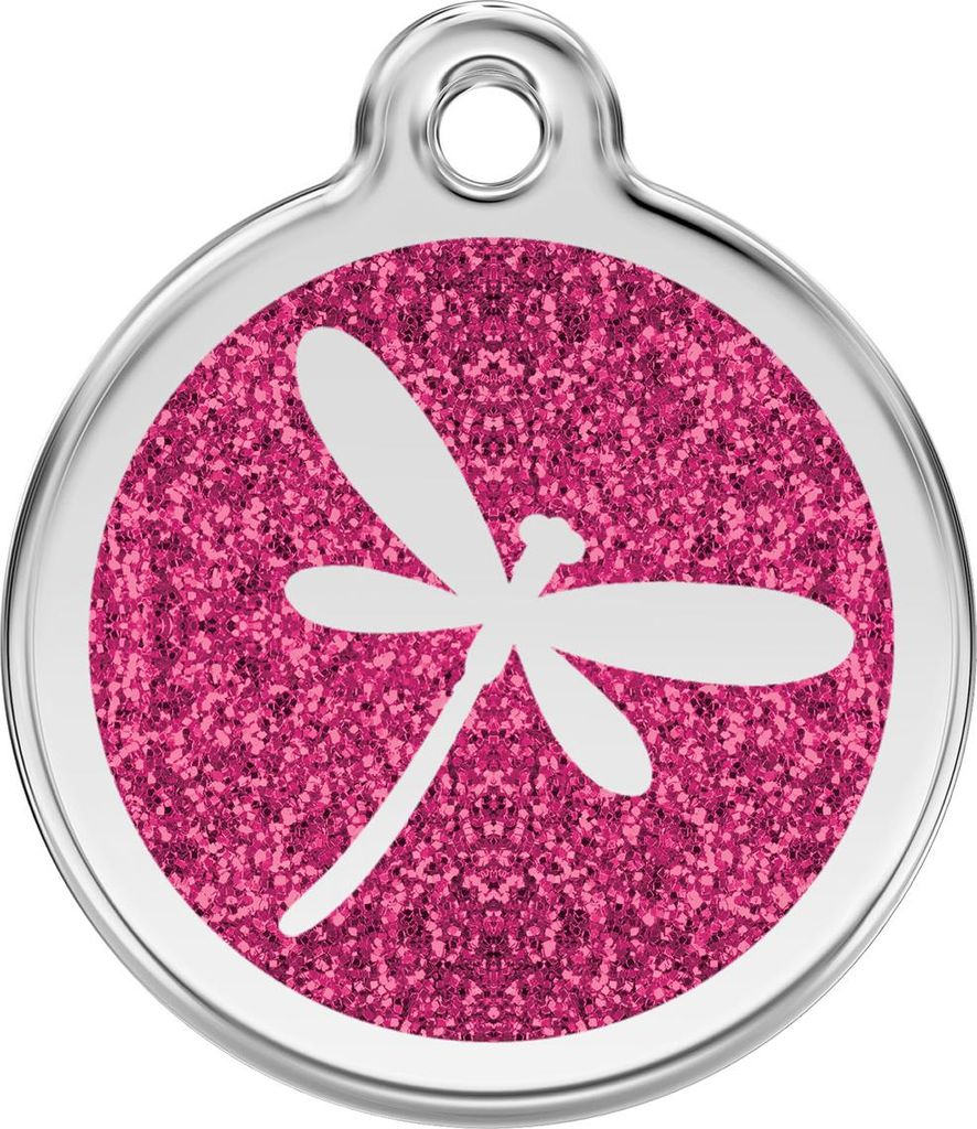 RedDingo Hundemarke mit individueller Gravur Glitzer Dragon Fly hot pink
