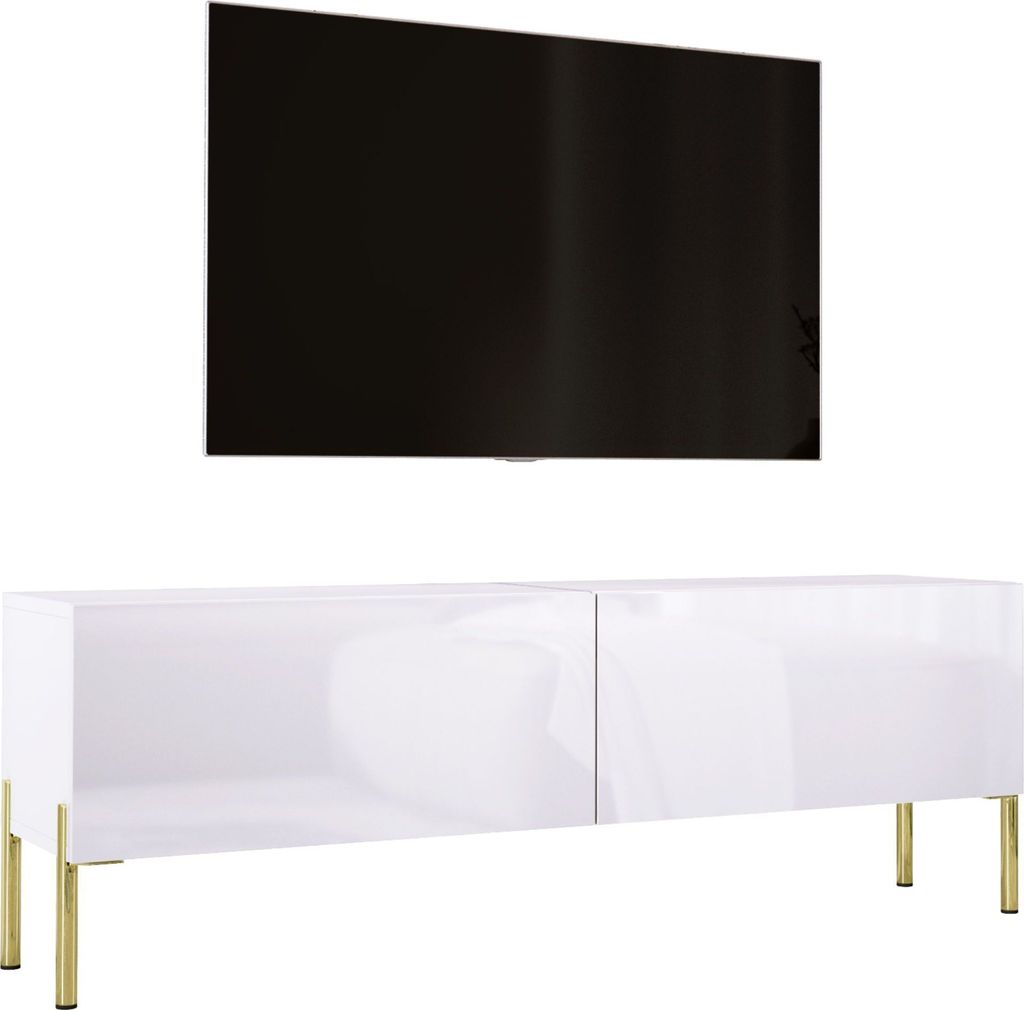 TV-SCHRANK : MattWeiß / Weiß glänzend mit Beinen in Gold, 140 x 52 x 32 cm