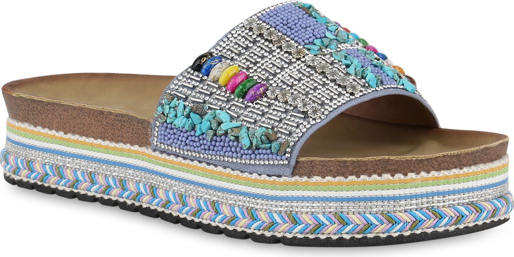 VAN HILL Damen Pantoletten Sandaletten Strass Plateau Zierperlen Schuhe 840952, Farbe: Hellblau, Größe: 36