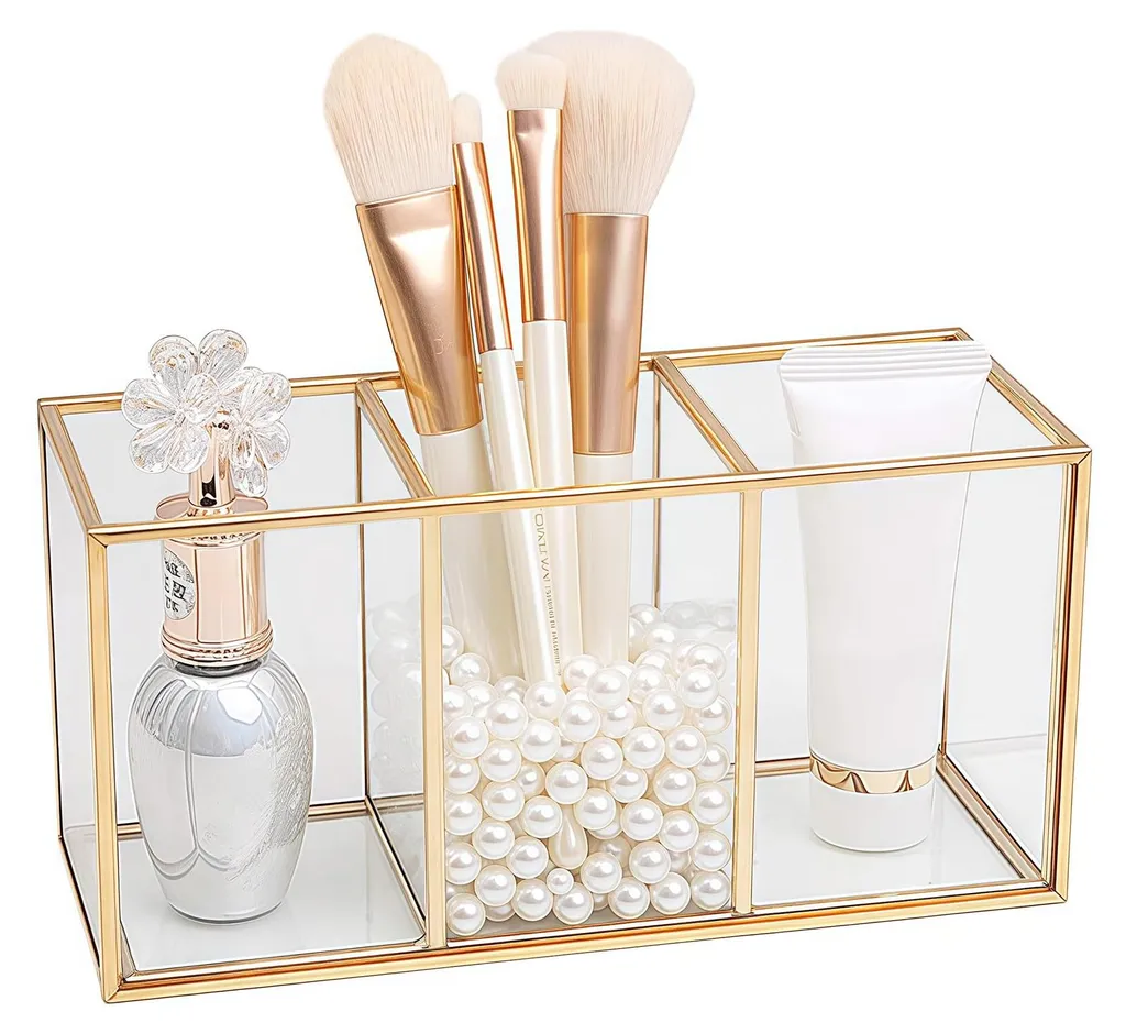 Rangement maquillage anti-désordre en verre et laiton pour coiffeuse