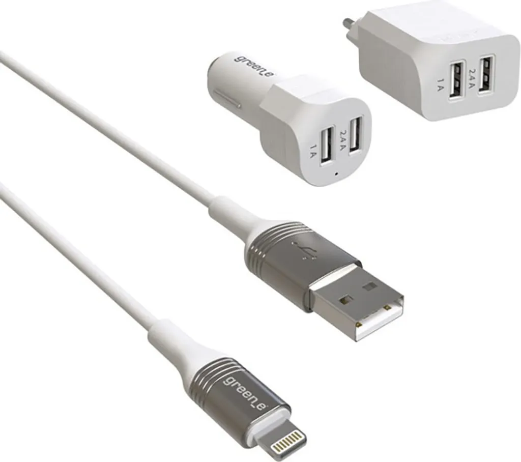 Kit charge rapide Greene câble MFi 1,3m blanc pour maison et voiture