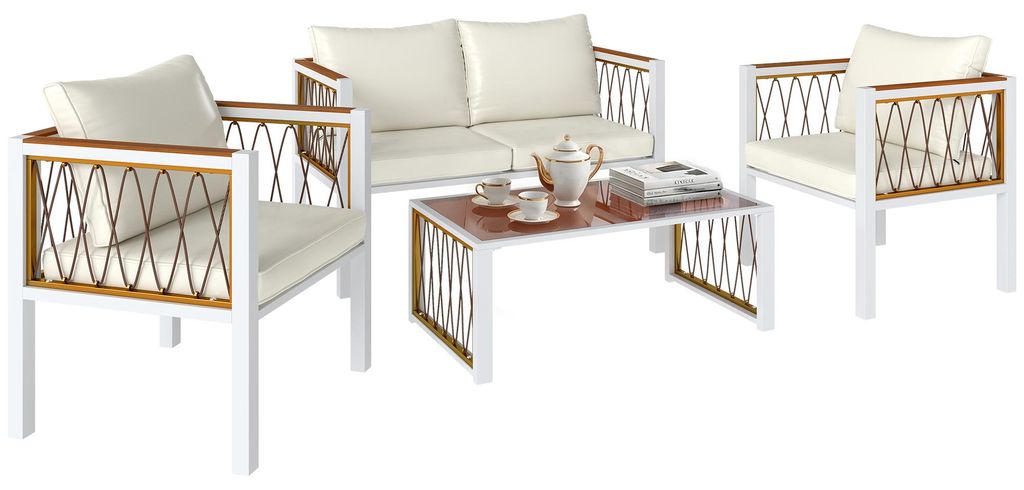 Gartenmöbel Set 4-teilig Polyrattan Lounge-Set mit Zweisitzer 2 Sessel Glastisch abnehmbar Kissen rutschfesten Matte