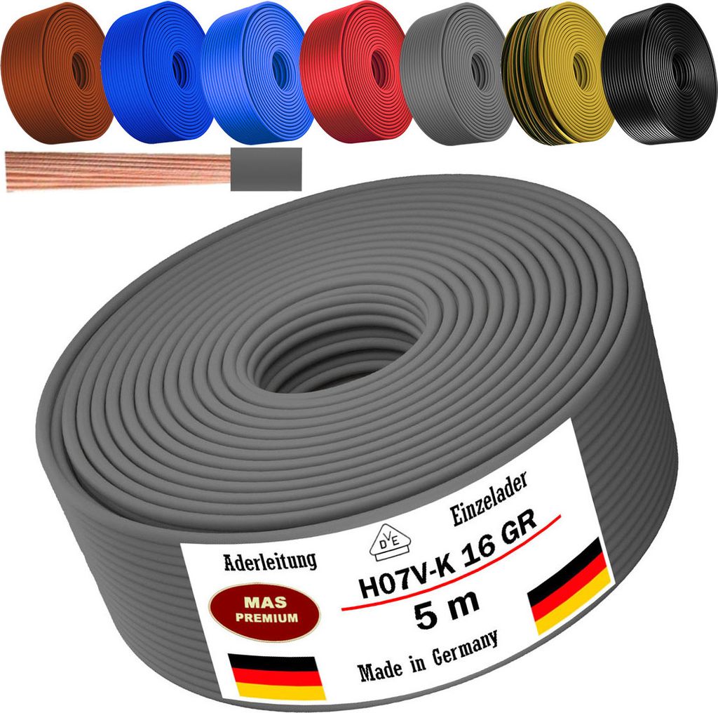 5m Aderleitung H07 V-K GR 1x16 mm² Grau Einzelader flexibel