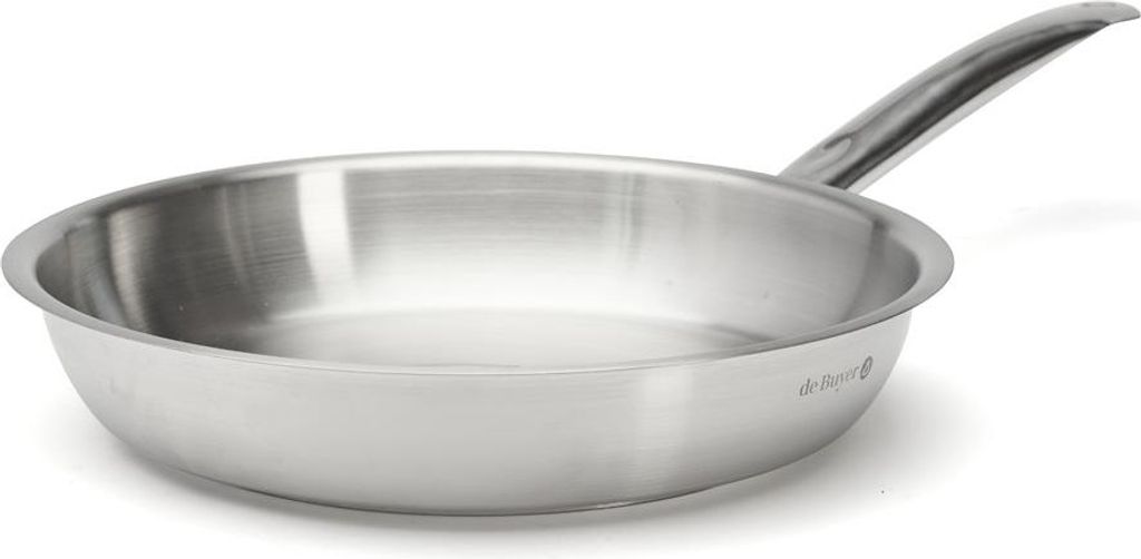 A stainless steel frying pan with a handle, shown from a side angle on a white background.