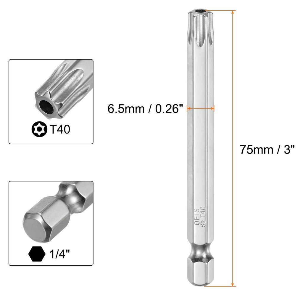 2 Stš¹ck T40 Torx Bit Set 1/4" Sechskantschaft 75mm lang S2-Stahl Magnetische Bitsatz manipulationssichere Schraubendreher Stern-Bits mit Loch f...