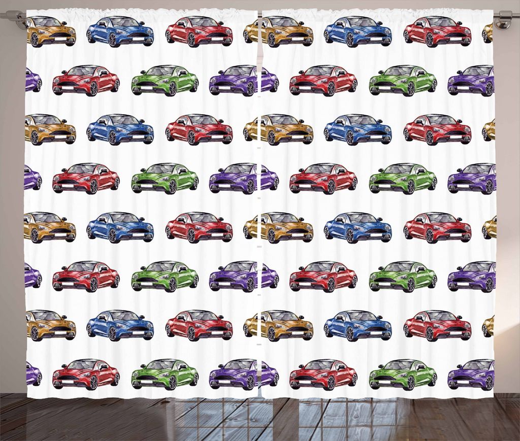 ABAKUHAUS Autos Rustikaler Gardine, Bunte schnelle Sportwagen, Schlafzimmer Kräuselband Vorhang mit Schlaufen und Haken, 280 x 175 cm, Farngrün L...
