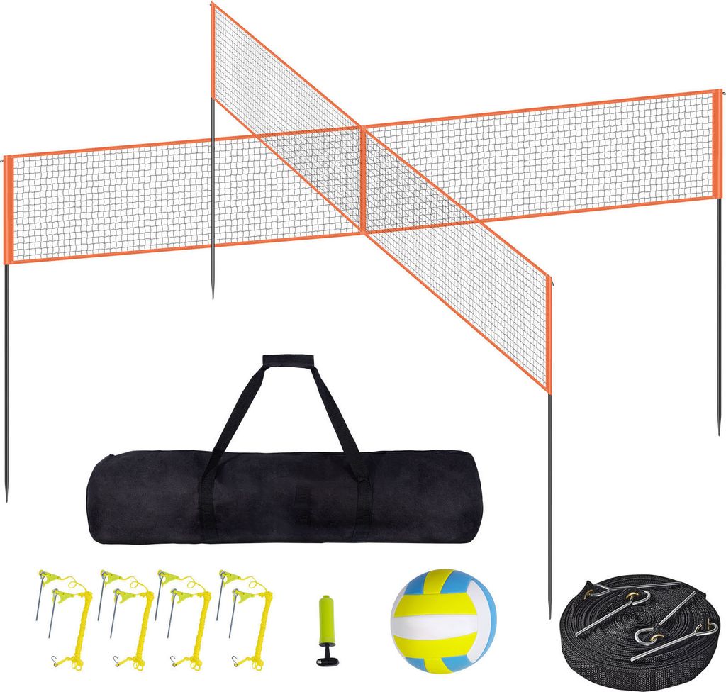 SucceBuy 4-Wege-Volleyballnetz-Set, verstellbares Badminton- und Volleyballnetz für Garten, Strand, Rasen, tragbar mit Tragetasche, schneller Aufb...