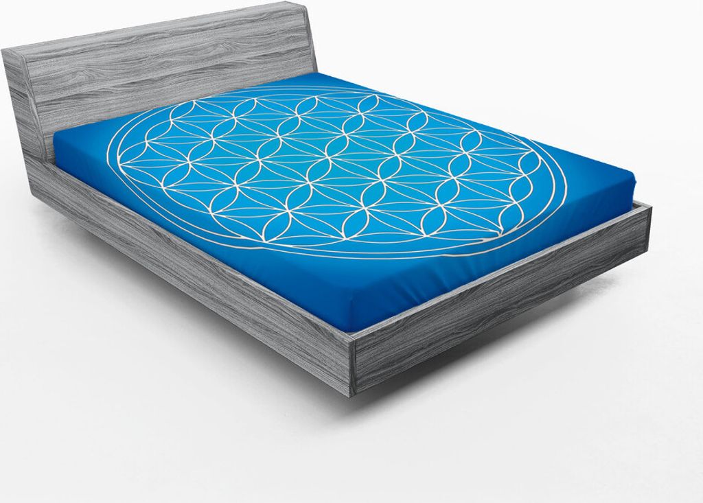 ABAKUHAUS Geometrie Spannbetttuch, Blume des Leben-Gitter-Musters, das Arten von überlappenden Kreis-Thema besteht, 180 x 200 cm, Blau Weiss