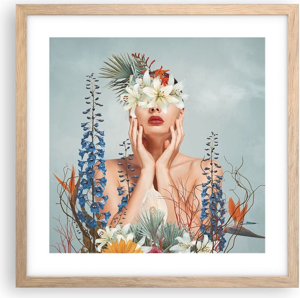 Gerahmtes Poster - Rahmen in heller Eiche - Surreal Frau Blumen - 40x40 cm - Wand Bild - Wanddeko - Wandbilder - Kunstposter - Wandposter - Bilderr...