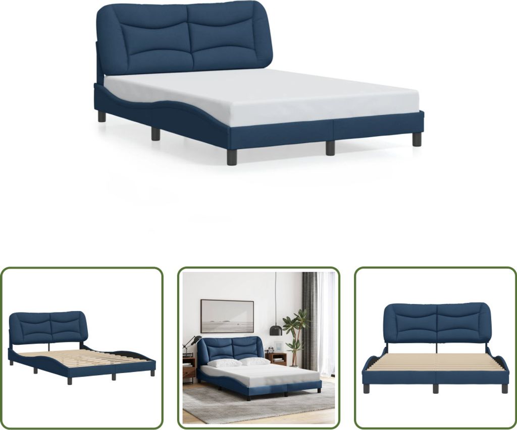 The Living Store Bettgestell mit Kopfteil Blau 140x200 cm Stoff