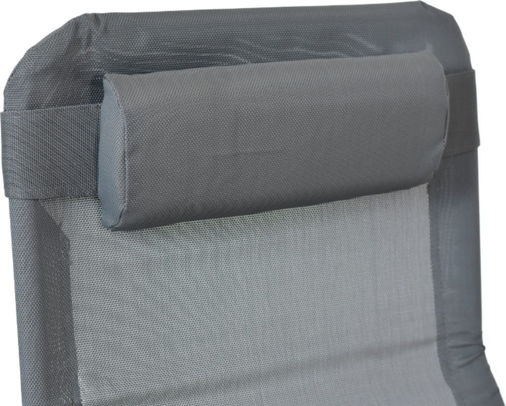 A close-up view of a gray headrest pillow attached to a mesh chair.