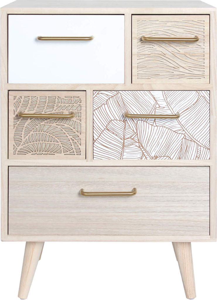 A chest of drawers with five drawers of varying sizes and designs, standing on four tapered legs.