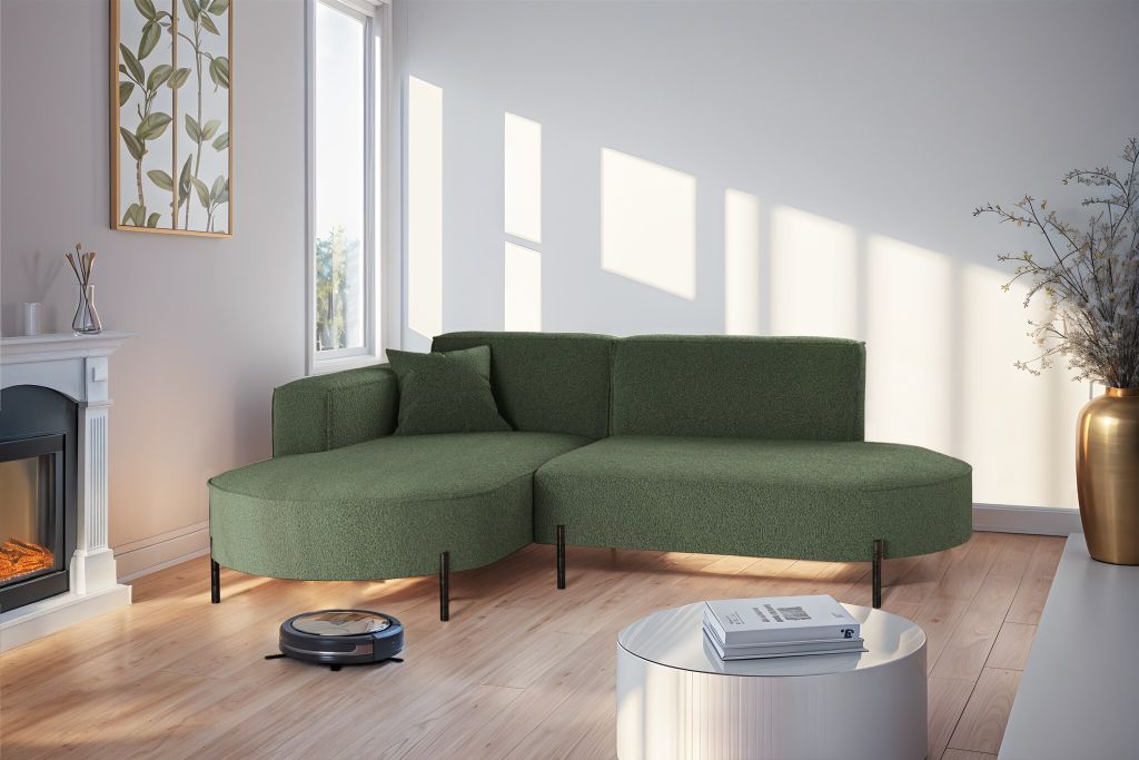 Ecksofa Designersofa VALENCIA XS in Stoff Quelle Grün Ottomane Links