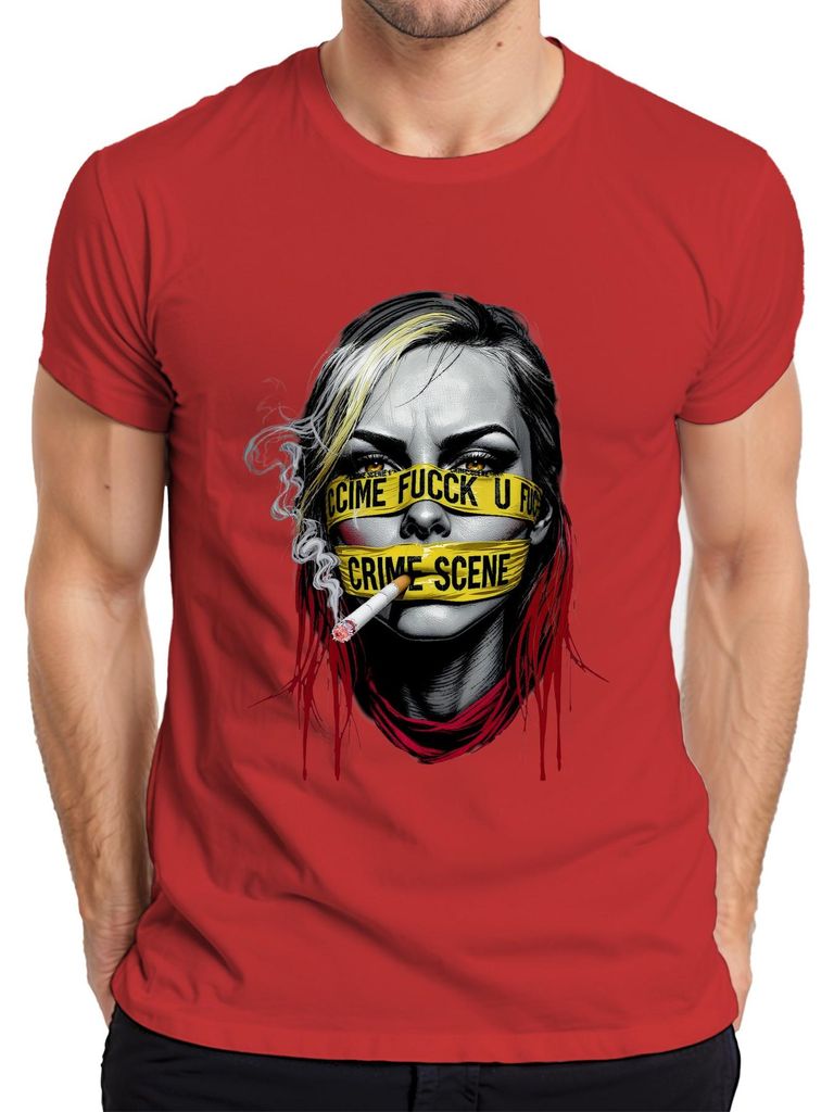 Crime Scene Absperrband Frau Zigarette rotes Haar Gothic Herren T-Shirt, Rot, S