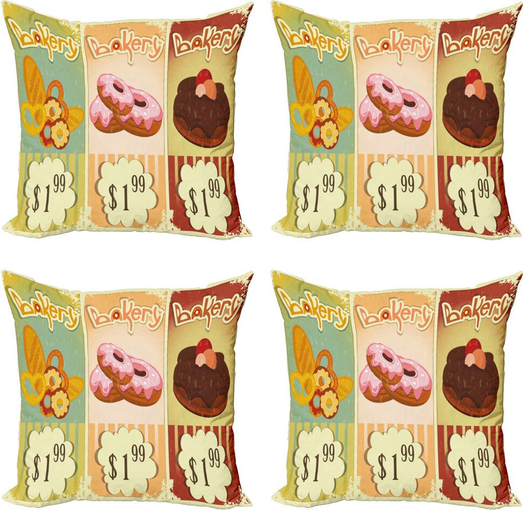 ABAKUHAUS Jahrgang Kissenbezug Set (4 Stück), Bäckerei Gebäck, Moderner Doppelseitiger Digitaldruck, 50 cm x 50 cm, Mehrfarbig
