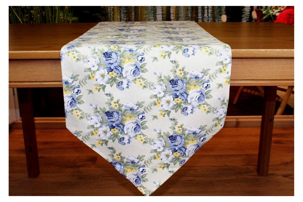 Landhaus Serie Rosen Markenqualität aus 100% Baumwolle mit schönen Rosen verziert (Creme blau, Tischläufer 40x170 cm spitz)