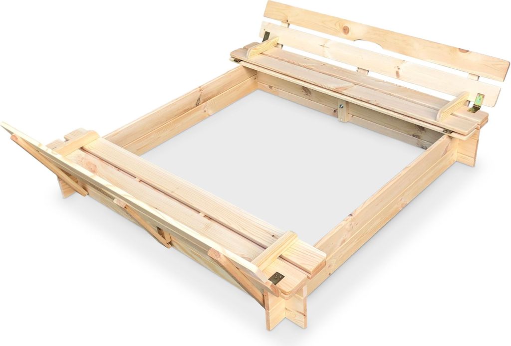 Sandkasten aus Holz mit Deckel und Bänken B118 x T118 x H20 cm natur