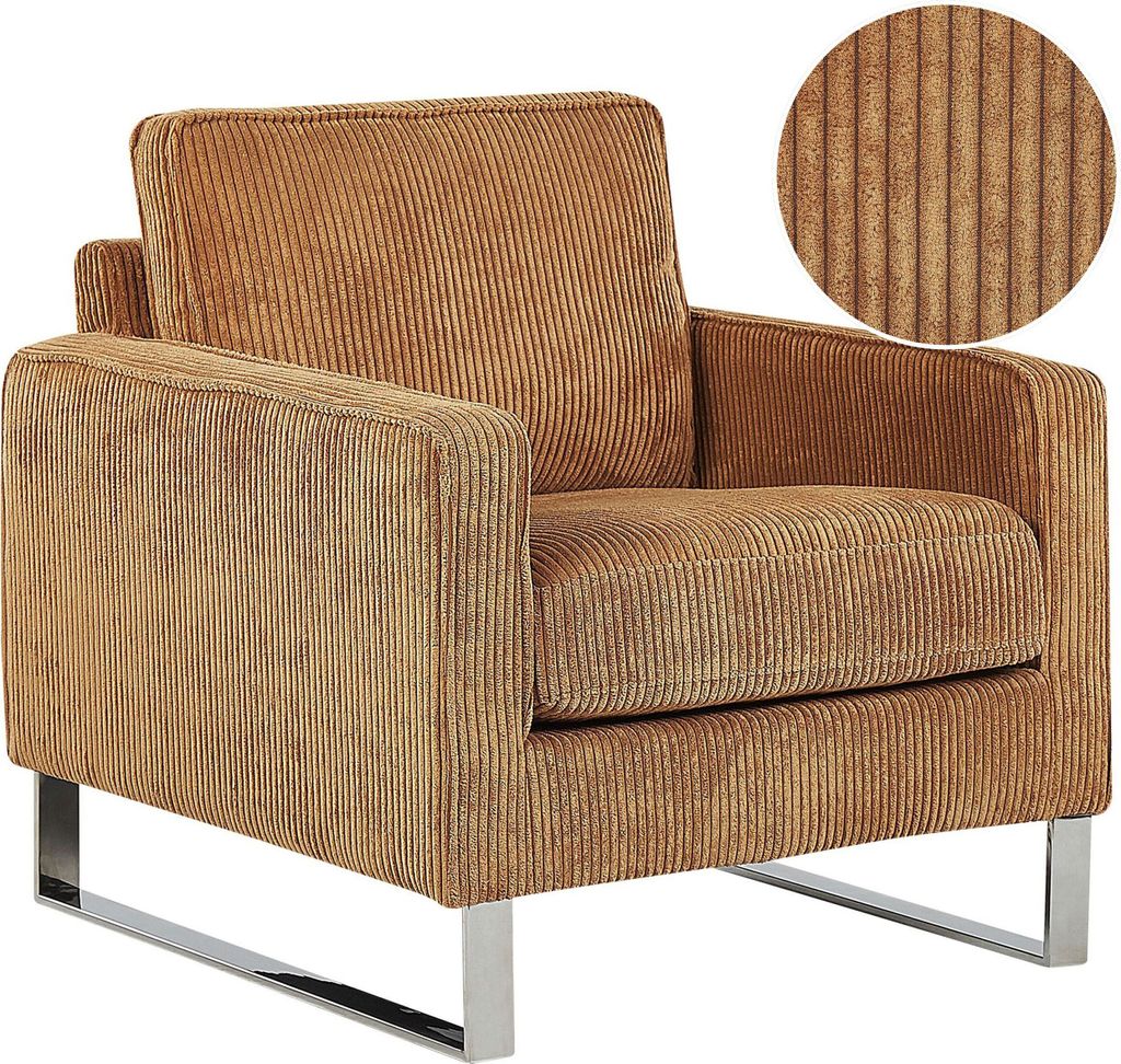 BELIANI Sessel Hellbraun Cord Lederoptik Edelstahl Dicke Sitzfläche Retro-Stil Wohnzimmer