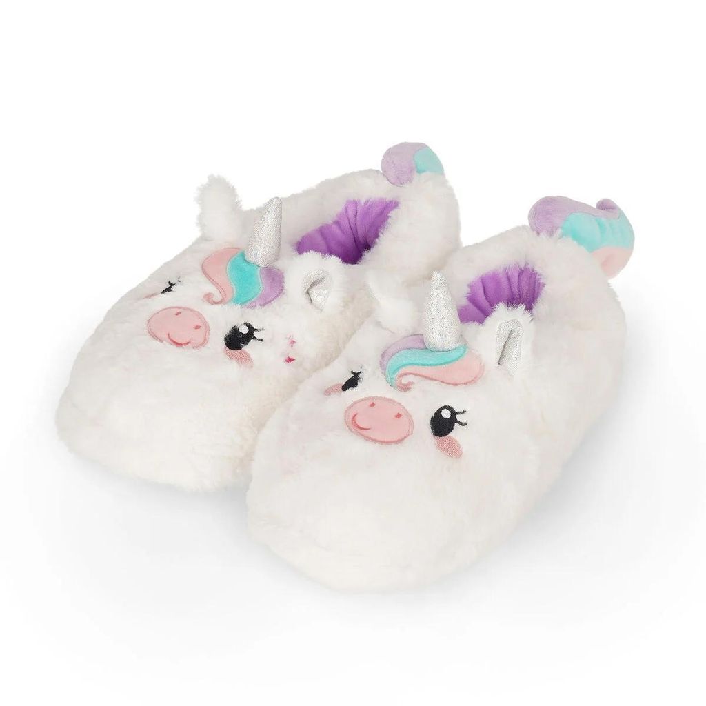 A pair of white, fluffy unicorn slippers on a white background.
