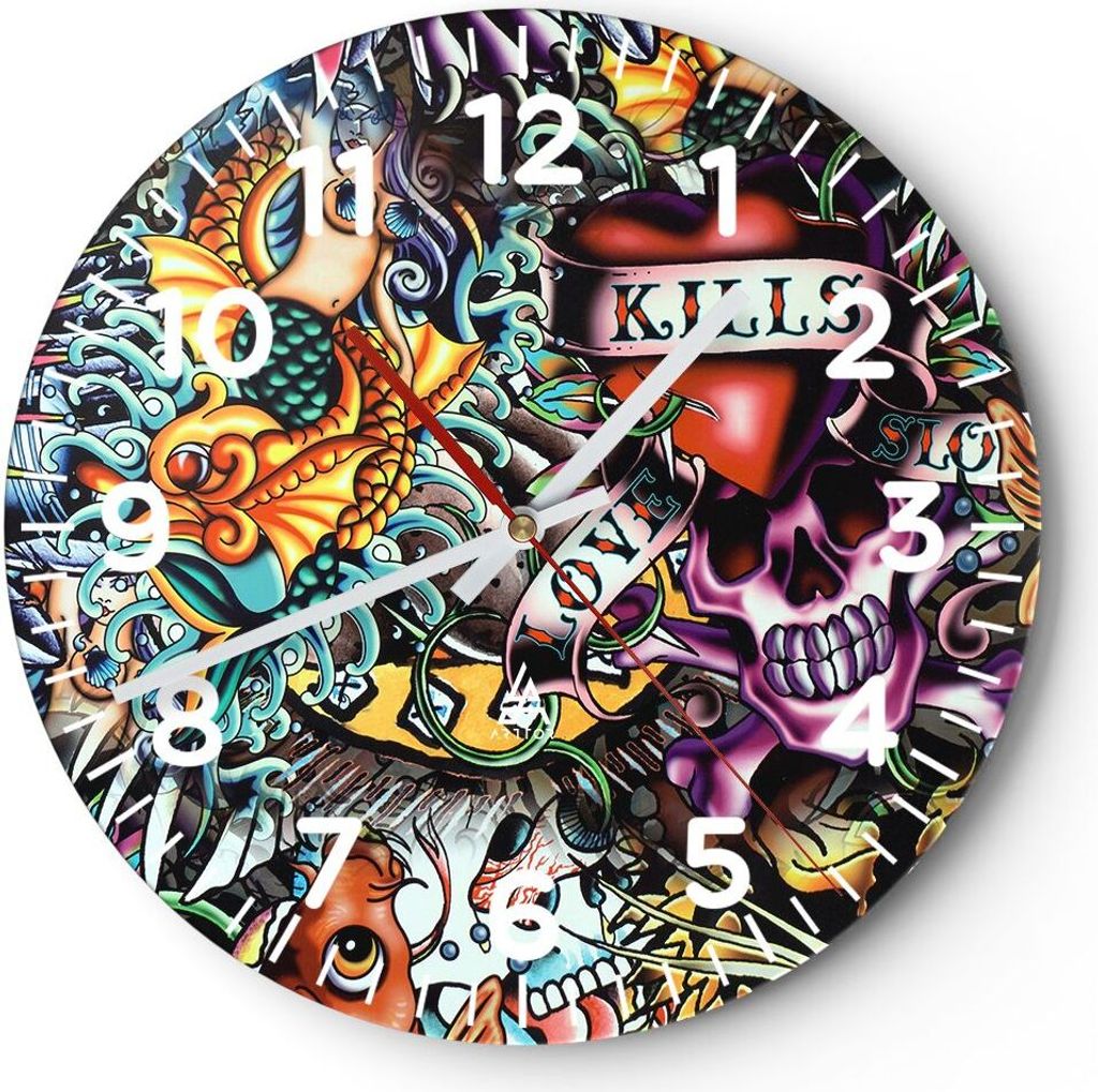 Wanduhr - Rund - Glasuhr - Graffiti modern - 30x30cm - Schleichendes Uhrwerk - Lautlos - zum Aufhängen bereit - Dekoration Modern - Wanddekoration...