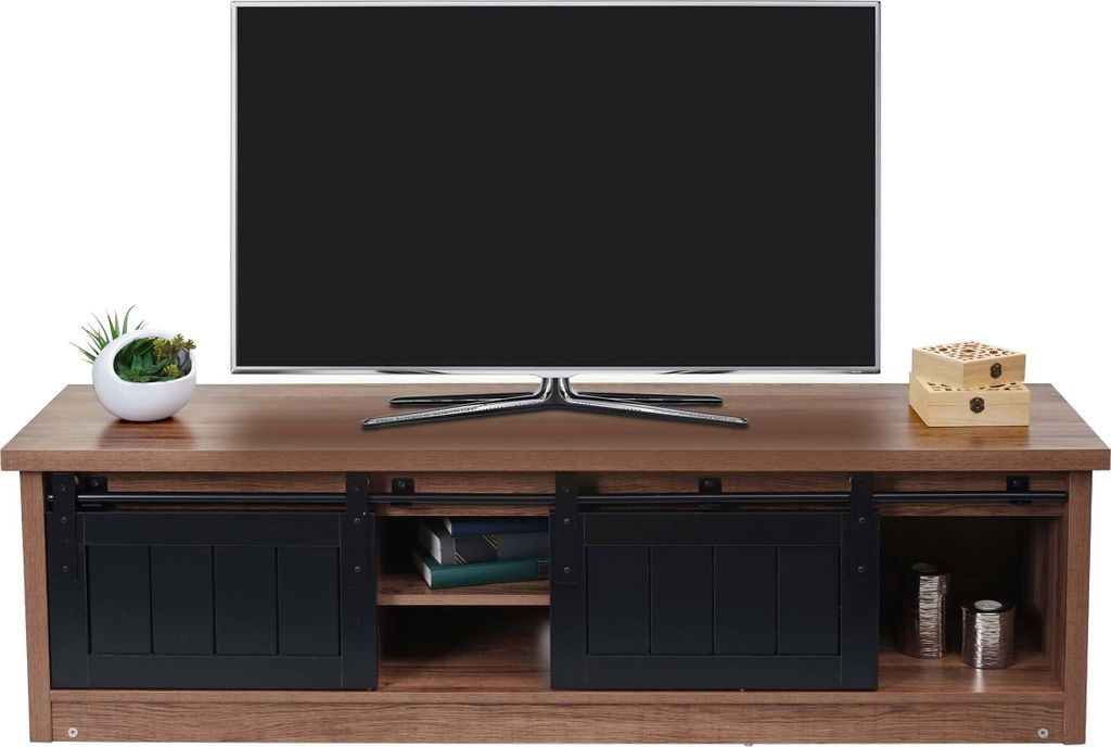 TV-Rack HWC-K75, Fernsehtisch TV-Board, Schiebetüren Staufächer, Holz-Optik Industrial Metall 43x150x40cm braun