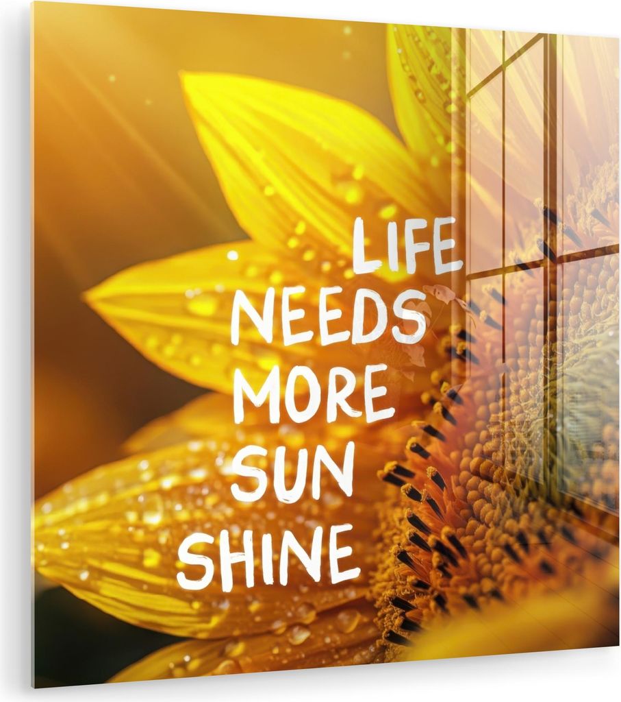 MuchoWow Glasbilder - Bilder auf Wandbild - Foto auf Glas Sonnenblume - Nahaufnahme - Gelb - Zitat 20x20 cm Wanddekoration aus Glas - Acrylglasbild...