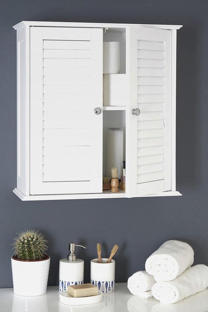 Housewares Badezimmer-Hängeschrank mit Lamellen-Doppeltür, 55 x 52 x 22 cm, weiß, Holz, 55x52x22
