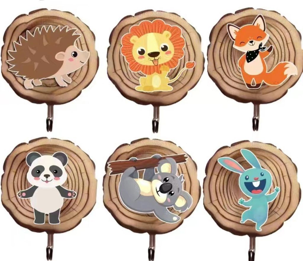 Kleiderhaken für Kinder in Tierform, 6 Stück Kindergarderobe Selbstklebender Haken, Wunderschöne Kinder Garderoben Deko, Wandhaken Holz Ohne Boh...