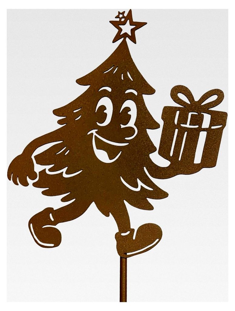 Gartenstecker Weihnachtsbaum mit Comic-Figur, 33x16 cm, wetterfeste Metalldekoration in Rostoptik