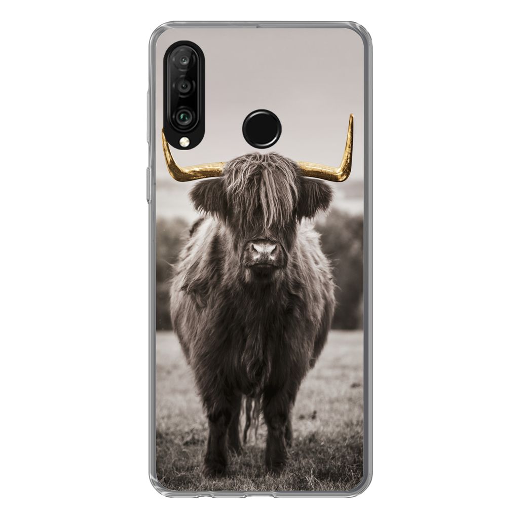 MuchoWow Handyhülle Schutzhülle Hülle für Huawei P30 Lite Schottischer Highlander - Gold - Hörner Silikon Softcase Handy Hülle - Handyhülle