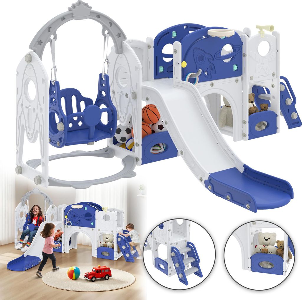 XMTECH 9 in 1 Kinder Rutsche für 1-3 Jahre, Babyrutsche mit Schaukel, Basketballkorb, Tunnel & Spielteleskop, Indoor & Outdoor Spielplatz, Kletter...