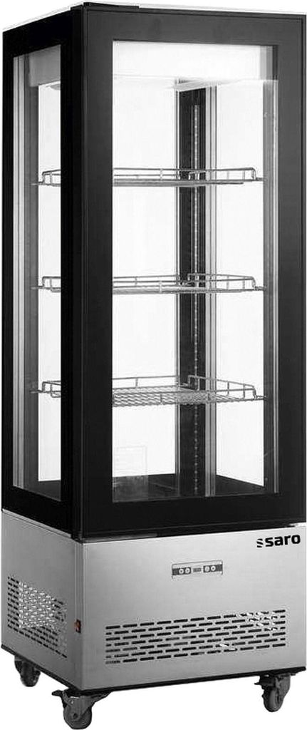 SARO Kühlvitrine 400 Liter, Modell LEONIE Kuchenvitrine, Standgerät, Rollen, Edelstahl, Bäckerei, Restaurant, Kiosk, Kühlen, Lagern, Präsentieren