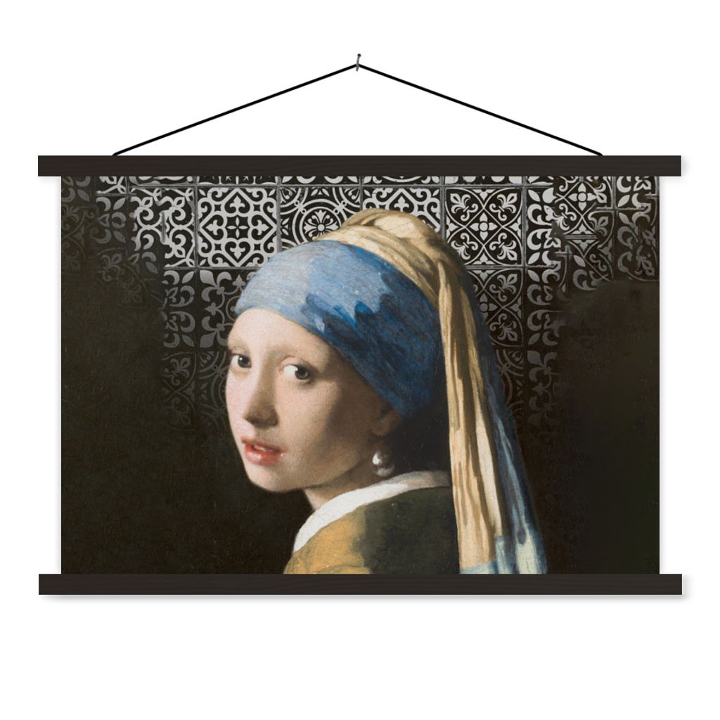 MuchoWow Textilposter Mädchen mit Perlenohrring - Schwarz und Weiß 60x40 cm mit schwarzem Rahmen - Hölzernes