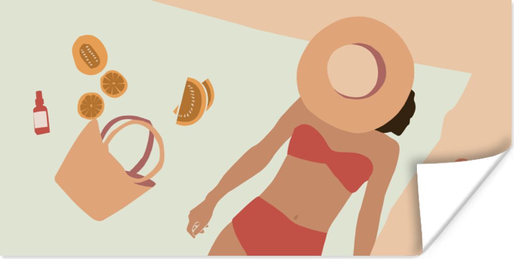 MuchoWow Poster Frau - Pantoffeln - Hut - Strand 120x60 cm - Bild