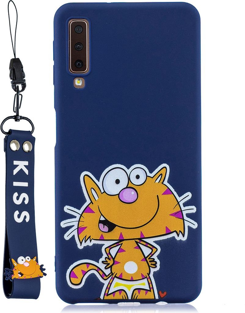 Für Samsung A7 2018 Cartoon Lovely Coloured Painted Soft TPU Rückendeckung rutschfest Full Protective Case mit Lanyard Saphir