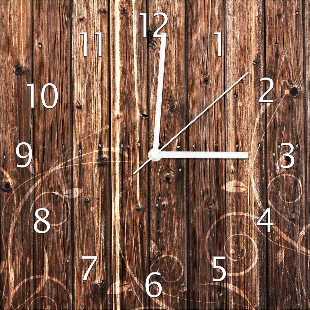 Wallario Design Wanduhr Holz in dunkelbraun mit Blumenmuster - Schnörkel aus Echtglas, Größe 30 x 30 cm