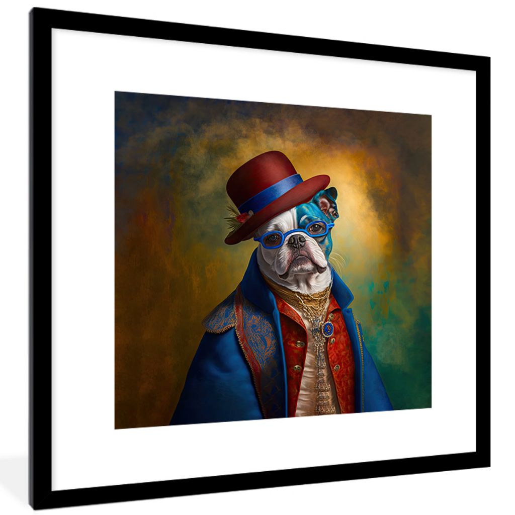 MuchoWow Gerahmtes Poster Hund - Porträt - Kleidung - Hut - Abstrakt 40x40 cm - Poster mit Schwarzem Bilderrahmen Wandposter Rahmen Foto Bilder ...